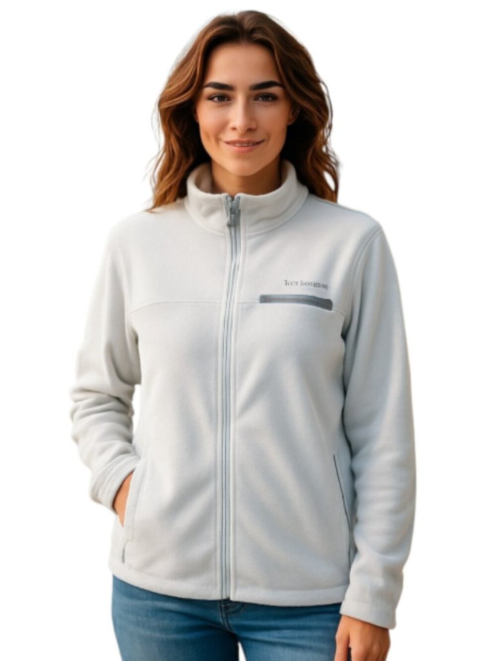 Columbia Woman's Medium Off-White Jacket Gray Trim Full Zip High Neck Pockets